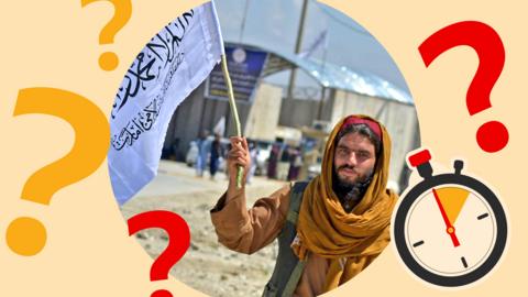 A member of the Taliban carries a Taliban flag in front of the former US military base to celebrate the first anniversary of the withdrawal of US-led troops from Afghanistan, in Bagram, on 31 August, 2022