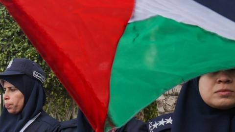 Palestinian police wave a Palestinian national flag in the Gaza Strip. Photo: 29 January 2020