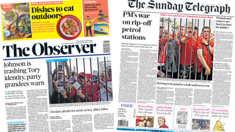 The headline in the Guardian reads, "Johnson is trashing Tory identity, party grandees warn", while the headline in the Telegraph reads: "PM's war on rip-off petrol stations"