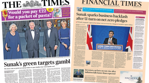 The headline in the Times reads, "Sunak's green targets gamble", while the headline in the Financial Times reads, "Sunak sparks business backlash after U-turn on net zero pledges"