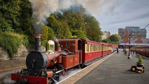 Steam Train No. 8 Fenella leaving Douglas Railway Station.