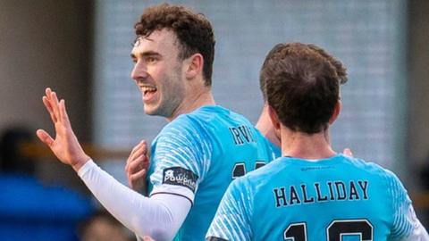 Hearts scorer Elliott Frear celebrates