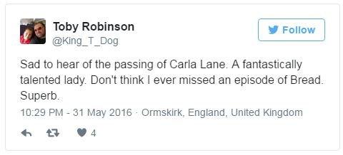 @King_T_Dog tweets: Sad to hear of the passing of Carla Lane. A fantastically talented lady. Don't think I ever missed an episode of Bread. Superb.