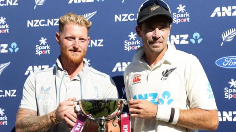 Ben Stokes and Tim Southee share the Test series trophy