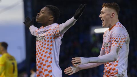 Blackpool's Karamoko Dembele celebrates a goal against Portsmouth