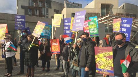 Travel industry protesters outside the Scottish Parliament