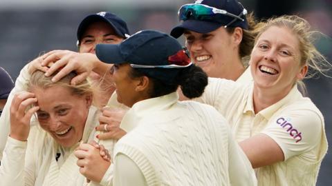 England's Sophie Ecclestone celebrates taking a wicket in the Test match v India