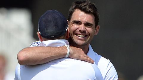 James Anderson hugs wicketkeeper Matt Prior after England win the Trent Bridge Test in 2013