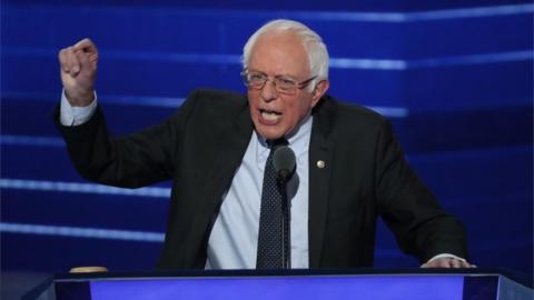 Senator Bernie Sanders delivers remarks on the first day of the Democratic National Convention.