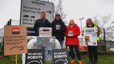 Protesters outside an Amazon warehouse
