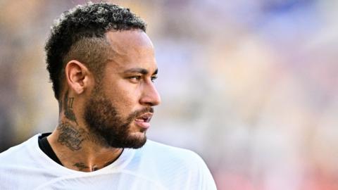 Neymar looks on during a PSG warm-up match