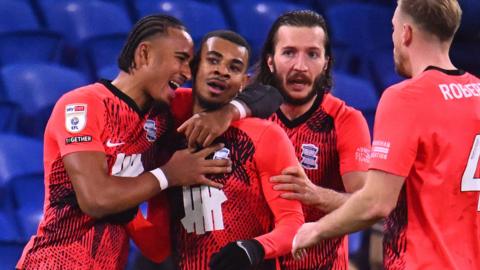 Birmingham players celebrate Juninho Bacuna's goal