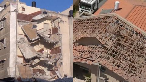 Split screen of destroyed building in Sderot and Gaza City