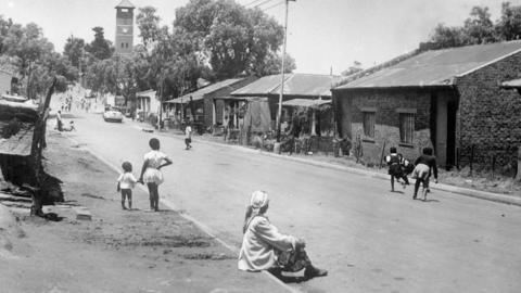 Black and white photo of street in Sophiatown