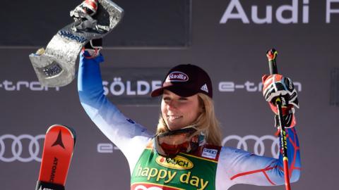 American skier Mikaela Shiffrin celebrates her win