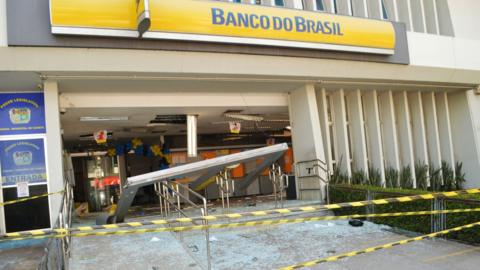 Picture of the entrance of a bank which robbers struck just after midnight, in Cameta, Para State