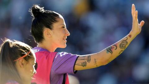 Jenni Hermoso receives a tribute on 10 September after her side won the Women's World Cup in August