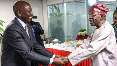 Kenyan President William Ruto and Nigerian President Bola Ahmed Tinubu attend the "AU Mid-Year Coordination Meeting" in Nairobi, Kenya on July 16, 2023