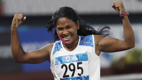 Swapna Barman of India celebrates after the 800m event of the Heptathlon at the 2018 Asian Games in Jakarta, Indonesia, 29 August 2018