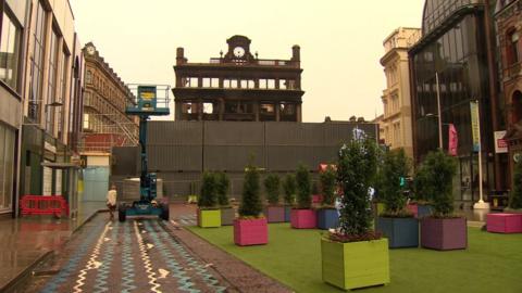 Shipping containers in front of Bank Buildings in Belfast