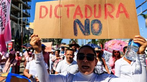 A protester in Mexico City holds a banner that reads in Spanish "dictatorship no". Photo: 18 February 2024