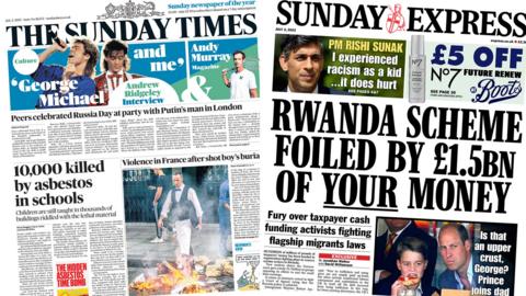 The headline in The Sunday Times reads: "10,000 killed by asbestos in schools" and the headline in the Sunday Express reads: "Rwanda scheme foiled by £1.5bn of your money"