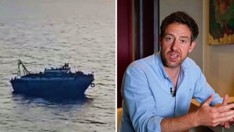 A split-screen image showing a boat carrying hundreds of migrants on one side and 鶹ҳ correspondent Nick Beake on the other