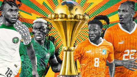 A colourful graphic featuring Nigeria players Ademola Lookman and Victor Osimhen and Ivory Coast players Franck Kessie and Sebastien Haller either side of the Africa Cup of Nations trophy