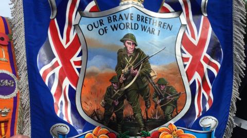 The reverse of Loughries True Blues memorial banner commemorating the Orangemen who fought in World War 1
