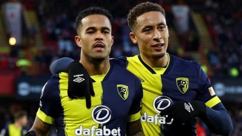 AFC Bournemouth's Justin Kluivert celebrates scoring their second goal at Sheffield United with Marcus Tavernier