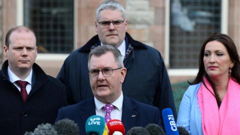 DUP leader Jeffrey Donaldson speaks to the media at the Culloden Hotel in Belfast