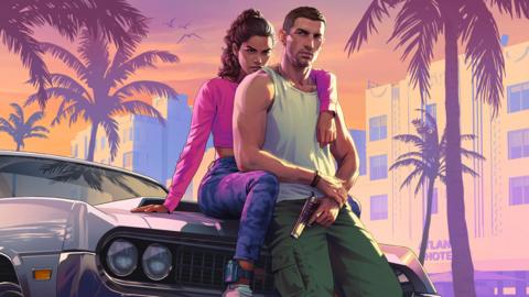 Cover art of the two protagonists in the game, Jason and Lucia, sitting against a car. Jason is in a white tank top and green trousers and is holding a gun. Lucia is behind him with an arm around his shoulder and wearing a pink top and grey trousers.
