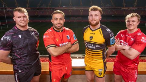 Ospreys' Dewi Lake, Cardiff's Liam Belcher, Dragons' Aneurin Owen and Scarlets' Blair Murray at Principality Stadium