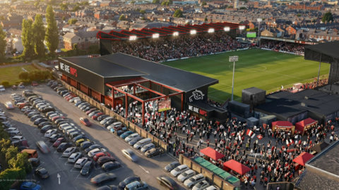 An artist's impression showing an aerial view of the football ground with the proposed fan village in the foreground, and supporters gathered outside the ground.