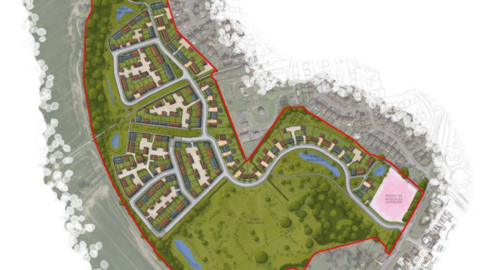 A colour map showing the proposed new development with homes, roads, water features, a medical centre and public open spaces. 