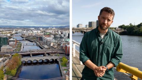 Composite of an aerial image of the River Clyde in Glasgow and a BBC reporter standing at its banks
