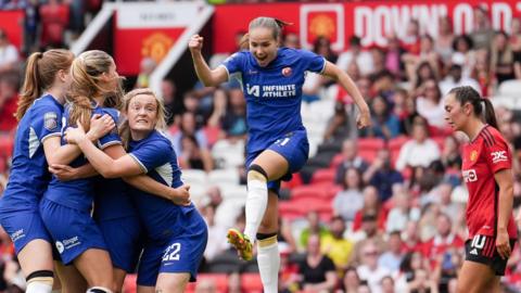 Chelsea celebrate after scoring a goal against Manchester United on the final day of the 2023-24 Women's Super League season