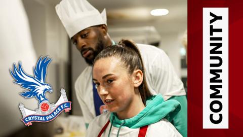 Jean-Philippe Mateta and Chloe Arthur cook pizza, Mateta wears a chef hat