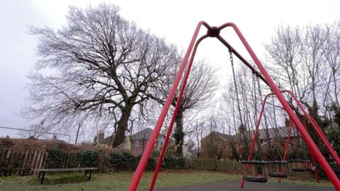 An oak tree, pictured next to a playing field. There is a set of red swings in the foreground and a bench to the left-hand side. A rickety wooden fence surrounds the playground and there are houses behind the park and tree.