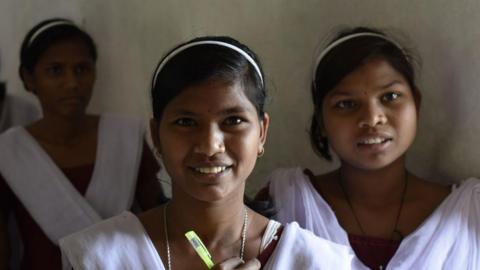 Dongria Kondh girls at the Residential Chatikhona Educational Complex at Bissamcuttack on November 20, 2017 in Rayagada, India. Dongria Kondhs are among the remote tribal communities in Odisha. As per census the community has 8000 people and had literacy rate of 10 percent. This year 14 girls from the community cleared class 10 exams. Inspired by the feat many tribal families in Odisha have decided that their girls wont merely be helping hands at home but instead venture to seek education and brighter futures. (Photo by Vipin Kumar/Hindustan Times via Getty Images)