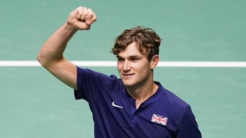 Jack Draper celebrates winning a Davis Cup match for Great Britain against Australia in 2023