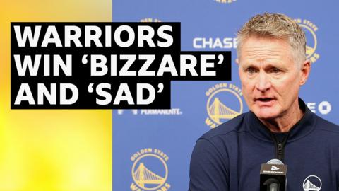 Composite image of Steve Kerr talking at a press conference with headline text added.