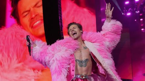 Harry Styles performs on the Coachella stage during the 2022 Coachella Valley Music And Arts Festival on April 22, 2022 in Indio, California.