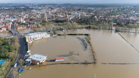 New Road cricket ground home to Worcestershire County Cricket Club which was flooded in Worcester on 9 February 2026.