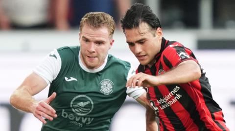 Hibernian's Chris Cadden and Midtjylland's Aral Simsir