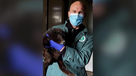 Nic is wearing a green jumpsuit and light blue mask. He is holding a brown beaver.