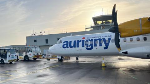 A proper ATR aircraft at Guernsey Airport. It has Aurigny branding on it