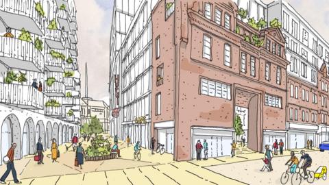 An artistic impression of development plans for part of Belfast city centre formerly known as the Tribeca project.  The drawing shows a mix of red brick and glass buildings, and a large residential building with balconies.  There are depictions of pedestrians and cyclists in the foreground and the spire of a cathedral is in the background. 
