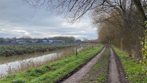 The walking route to Esher High School determined as safe by Surrey County Council; pictured is a walking lane with a patch of grass in between two walking trails. To the left is a grassy bank and a river, and to the right is a smaller grassy bank and a large tree.