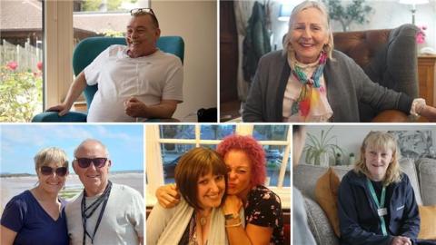 A collection of photographs showing patients, supporters and staff at the hospice. One shows a man sitting on a green chair, another has a woman on an armchair smiling. There is also an image of two women hugging and smiling and another one of a couple near the sea.